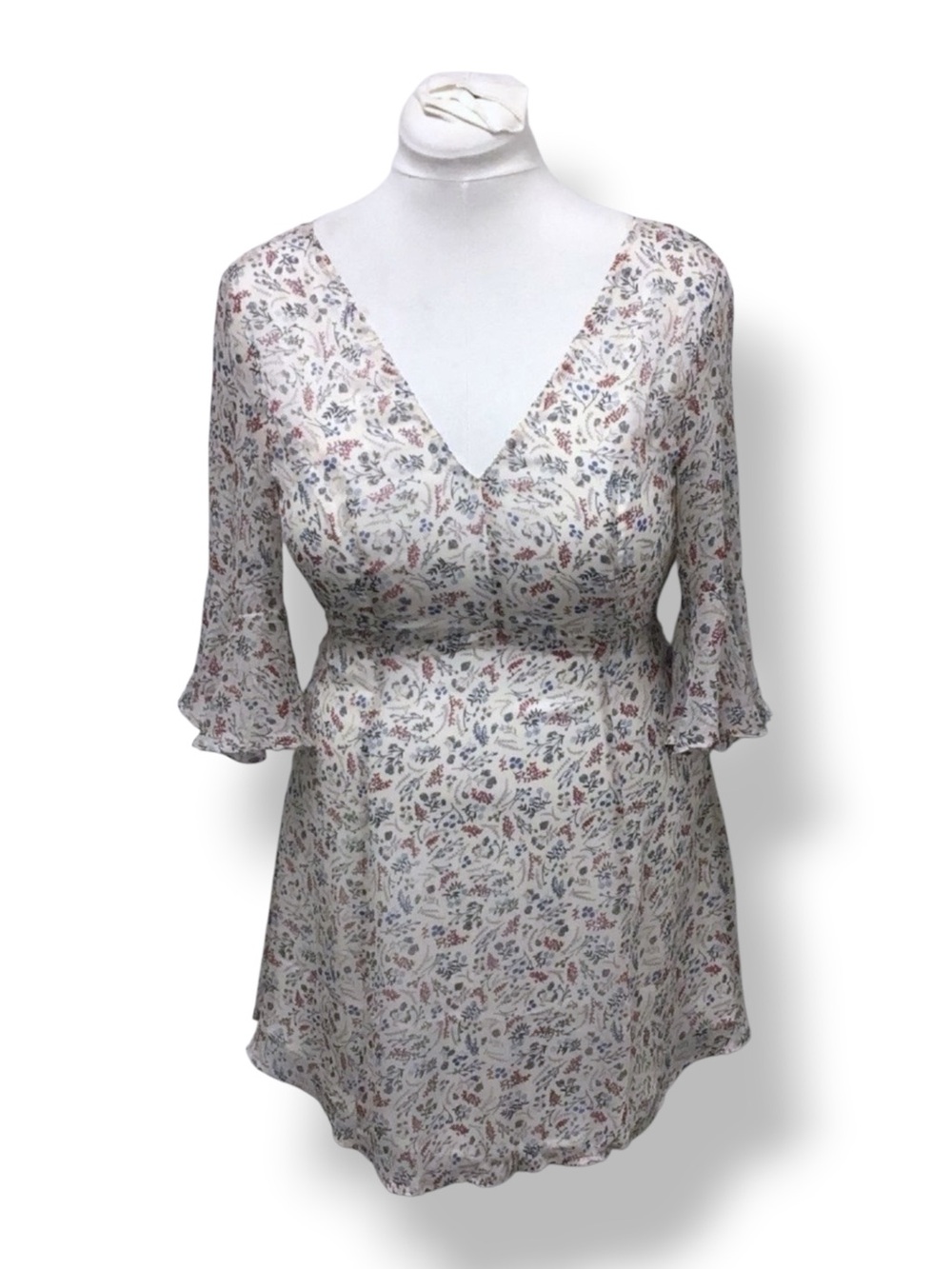 Sadie & Sage Women’s 3/4 Bell Sleeve V Neck Chiffon Floral Mini Dress, size S